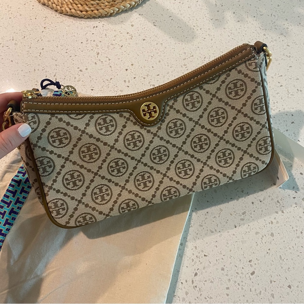 NWT TORY BURCH T Monogram Studio Bag Hazelnut Woven Jacquard/Leather - Picture 5 of 9